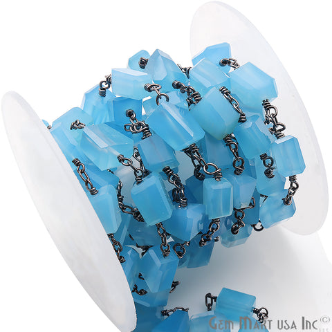 Sky Blue Chalcedony Cube Shape Gemstone Oxidized Wire Wrapped Beaded Rosary Chain - GemMartUSA