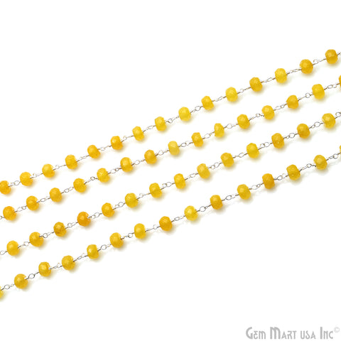 Yellow Jade Faceted 5-6mm Silver Wire Wrapped Beads Rosary Chain