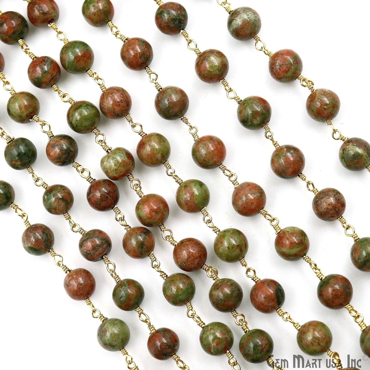 Unakite Cabochon Beads 8mm Gold Plated Gemstone Rosary Chain