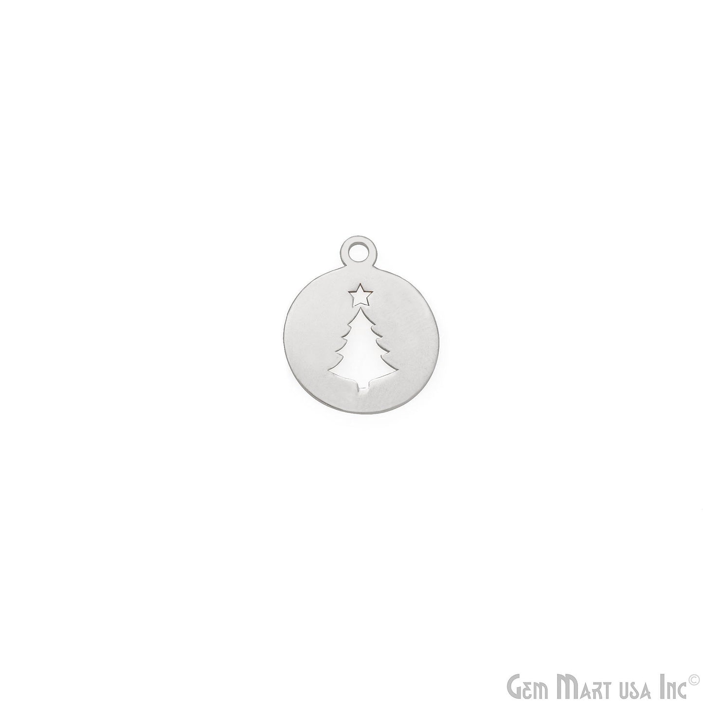 Christmas Tree On Round Shape Laser Finding Silver Plated 13x16mm Charm For Bracelets & Pendants