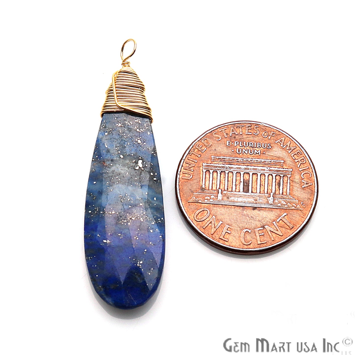 Lapis Lazuli 41x10mm Pear Shaped Gold Wire Wrapped Connector Pendant - GemMartUSA