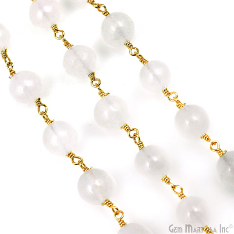 White Jade Faceted Beads 8mm Gold Plated Wire Wrapped Rosary Chain