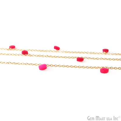 Hot Pink Chalcedony Faceted Heart 8mm Gold Wire Wrapped Rosary Chain