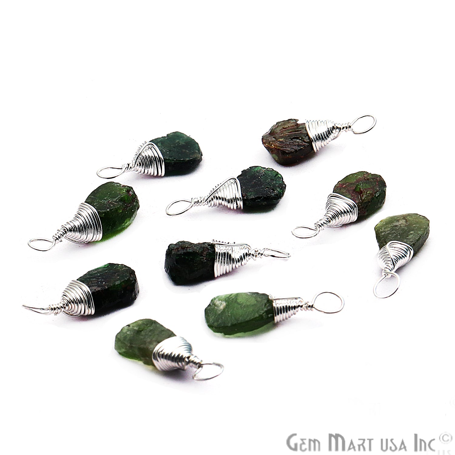 Green Garnet Silver Wire Wrapped 15x7mm Jewelry Making Drop Shape Connector - GemMartUSA