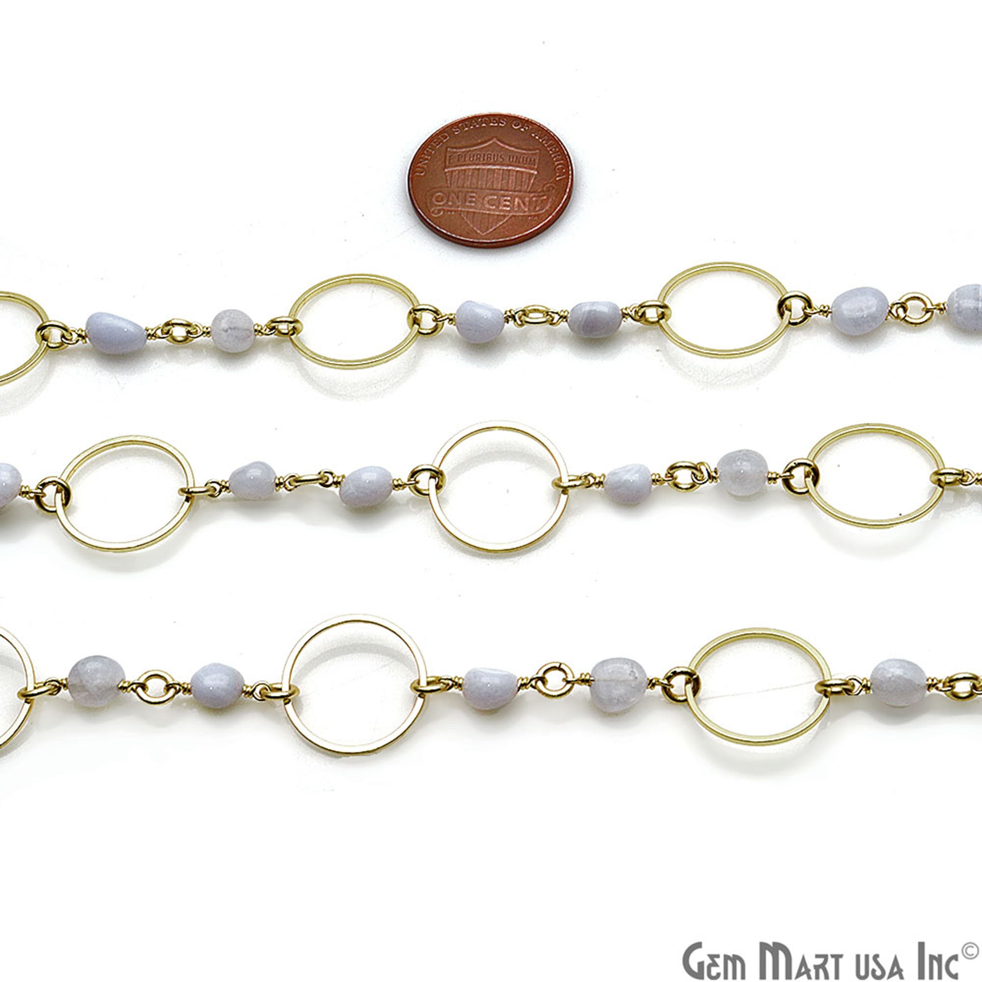 Blue Lace Agate With Gold Plated Round Finding Rosary Chain - GemMartUSA