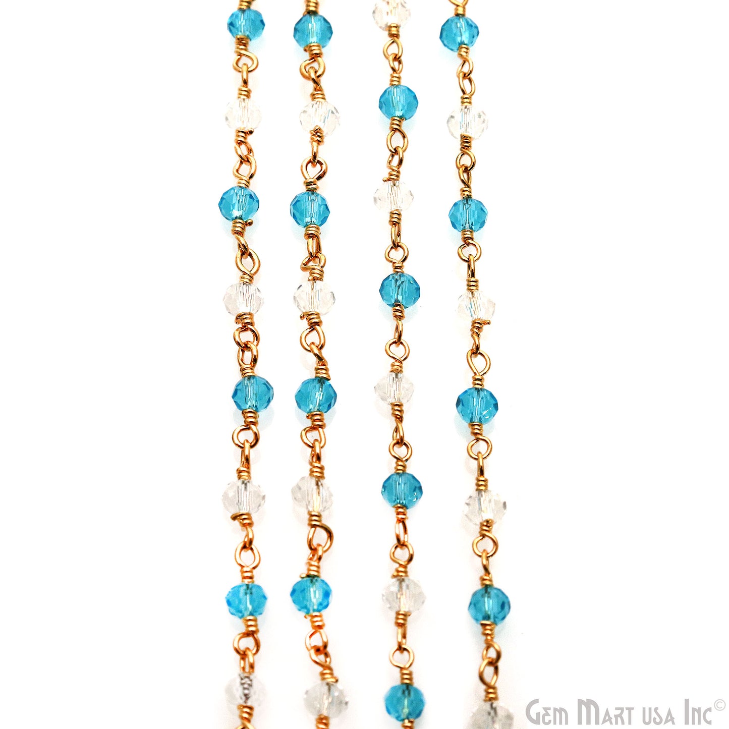 White & Blue Zircon Gold Plated Wire Wrapped Rosary Chain