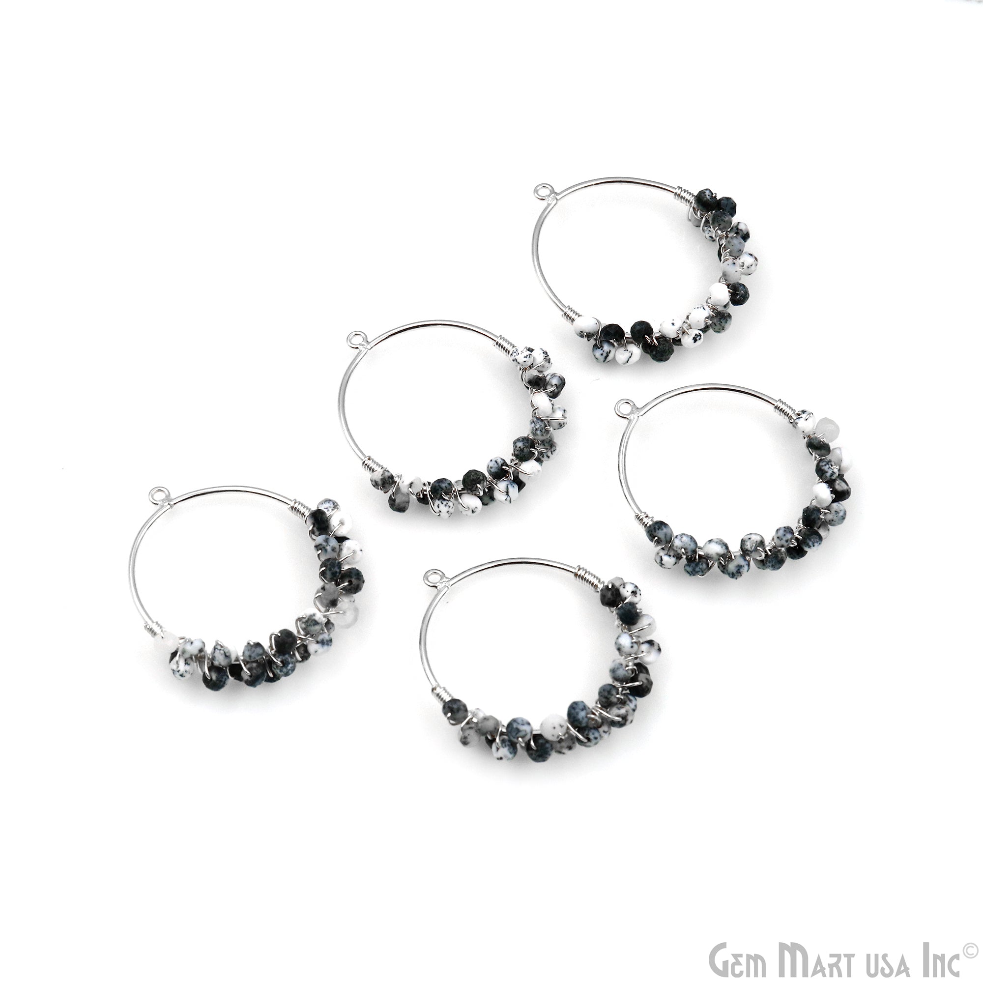 Gemstone Beads Round Hoop 36x31mm Silver Plated Wire Wrapped Pendant Connector 1pc