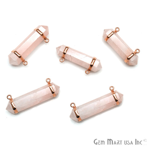 Rose Quartz 38x10mm Double Point Cat Bail Rose Gold Plated Gemstone Connector