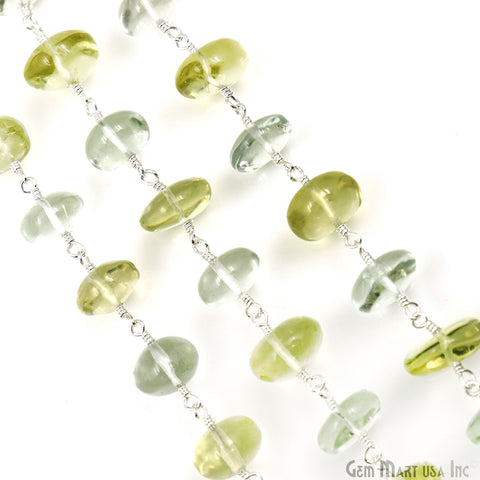 Green Amethyst & Lemon Topaz Cabochon Beads 9-10mm Silver Wire Wrapped Rosary Chain