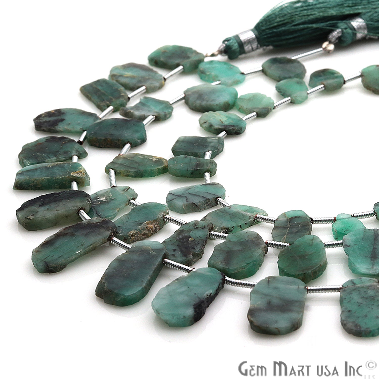 Rough Emerald Gemstone 14X10mm Beaded Handmade Silver Wire Rondelle - GemMartUSA