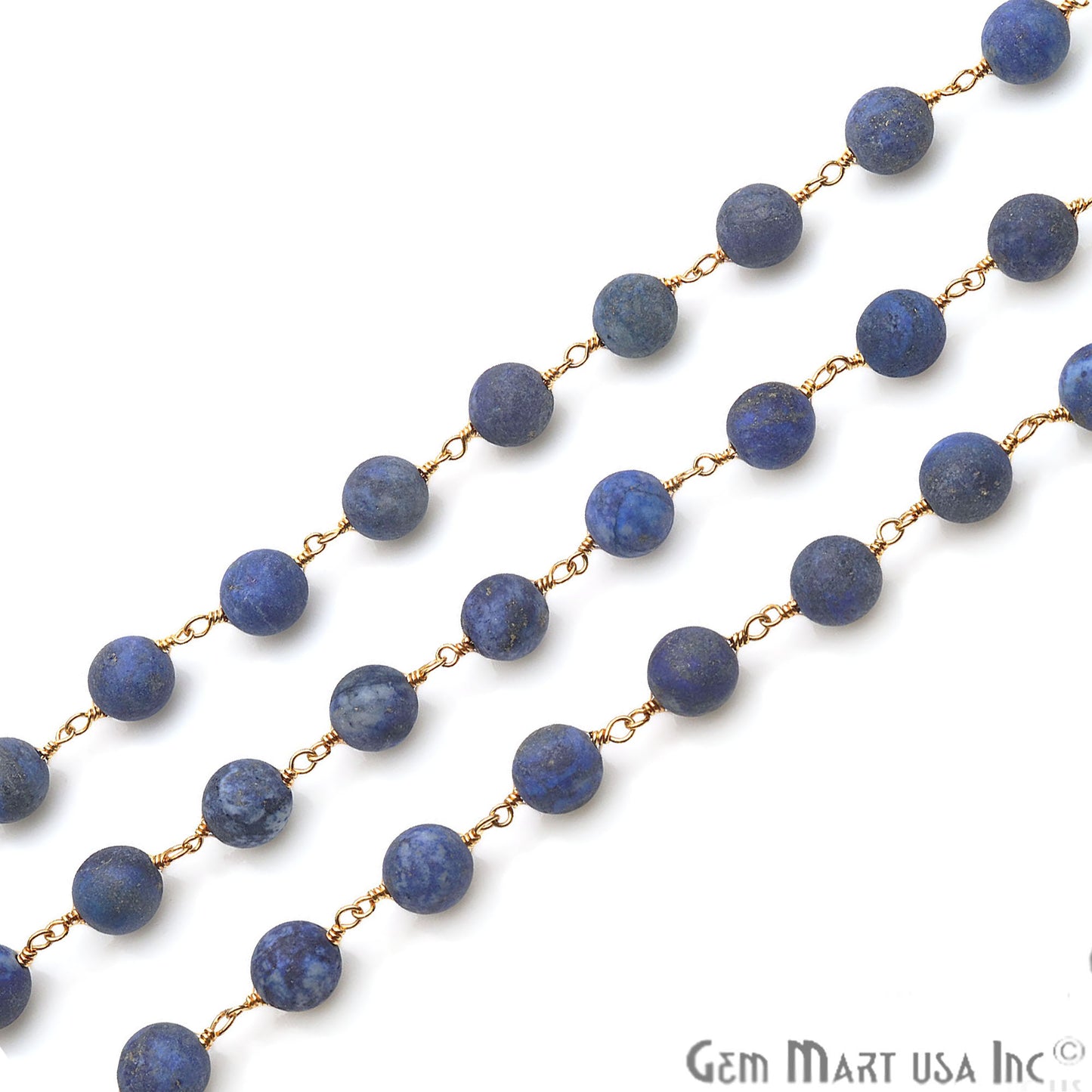 Lapis Frosted Beads 8mm Gold Plated Wire Wrapped Rosary Chain - GemMartUSA