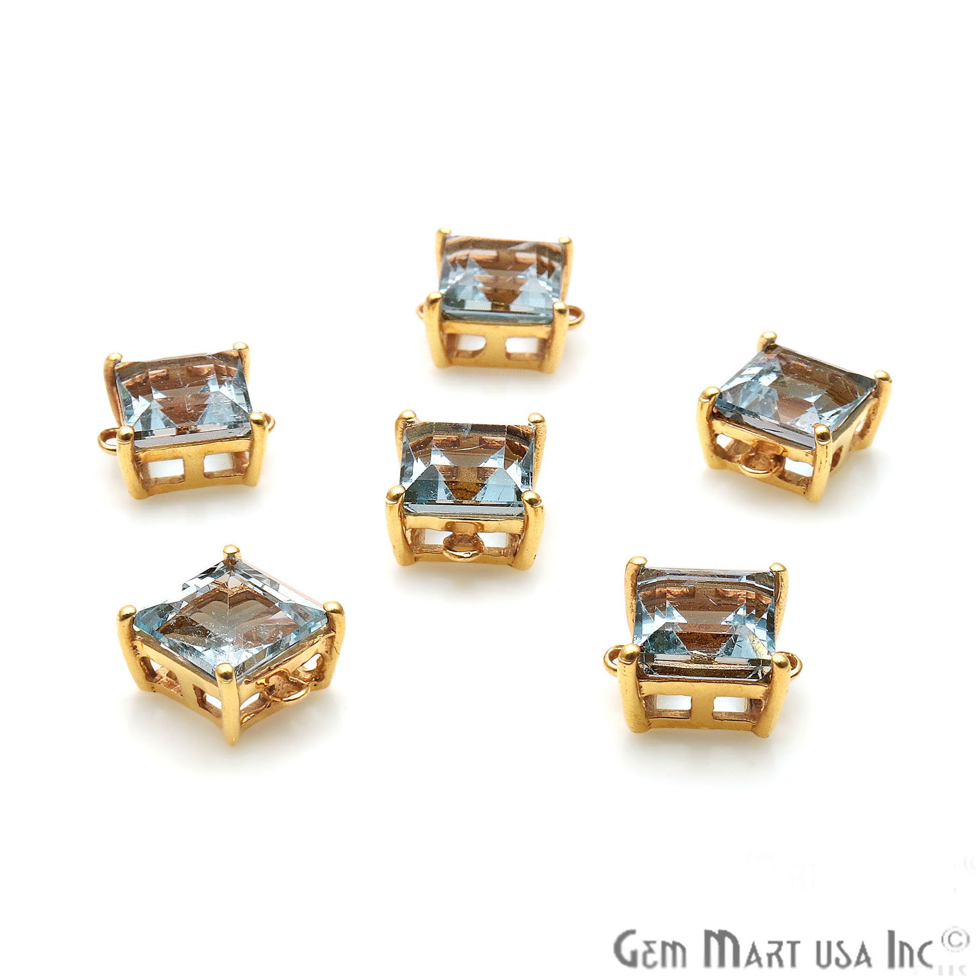 Blue Topaz 9mm Square Gold Plated Prong Setting Gemstone Connector (Pick Bail) - GemMartUSA