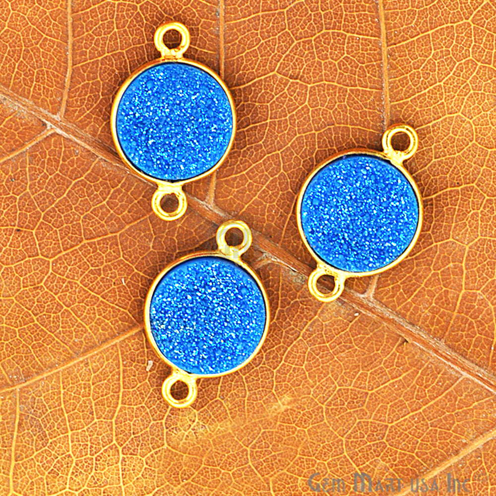 Blue Synthetic Faux Druzy Round 10mm Double Bail Gold Plated Connector - GemMartUSA