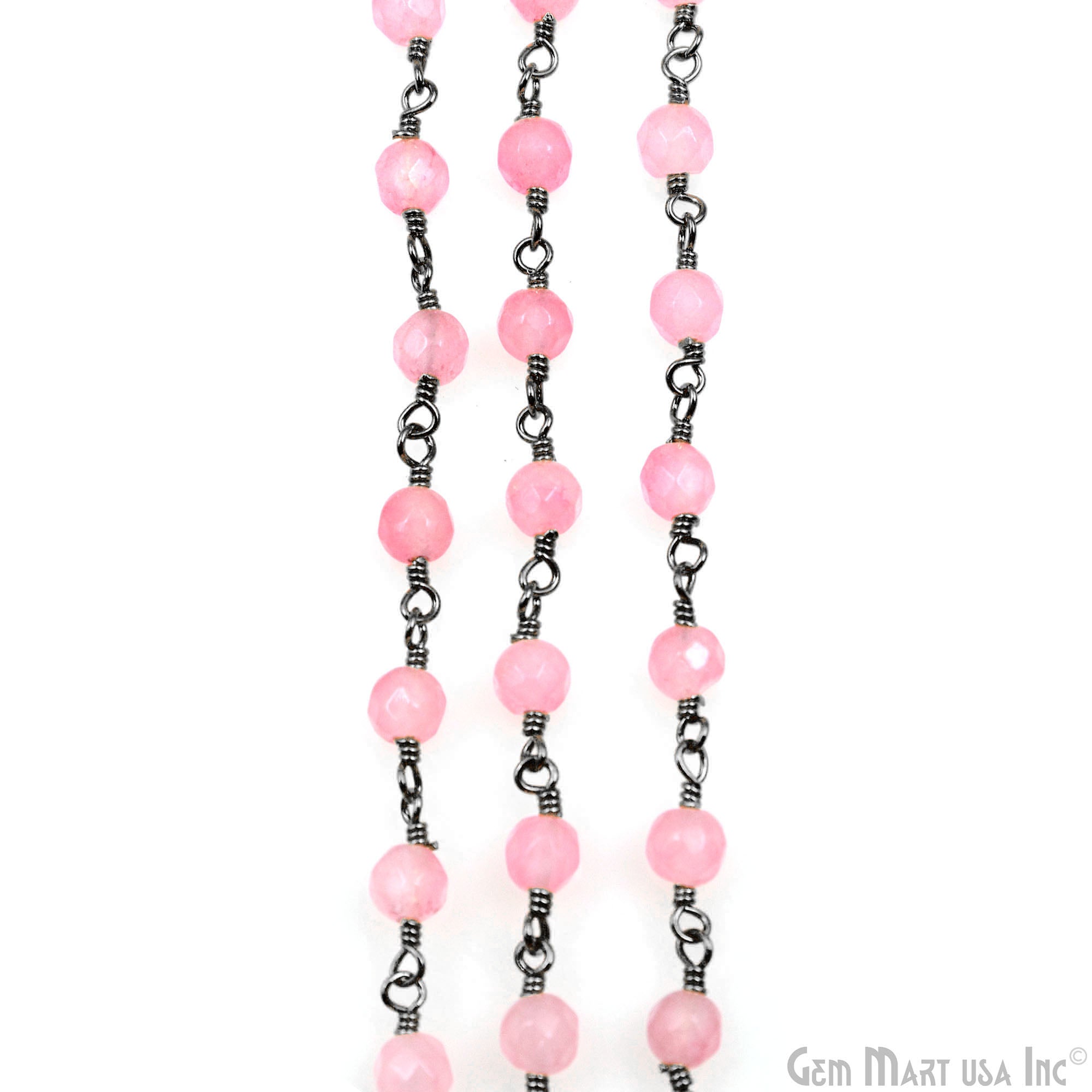 Light Pink Jade Faceted Beads 4mm Oxidized Wire Wrapped Rosary Chain