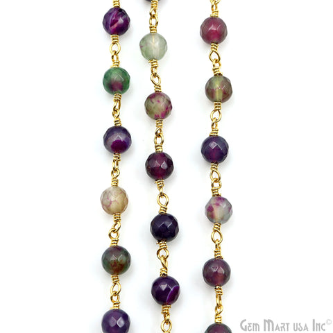 Purple Malaysia Jade Faceted Beads 6mm Gold Plated Wire Wrapped Rosary Chain