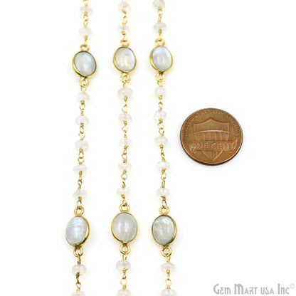 Rainbow Moonstone Beads & Bezel Connector Gold Plated Rosary Chain