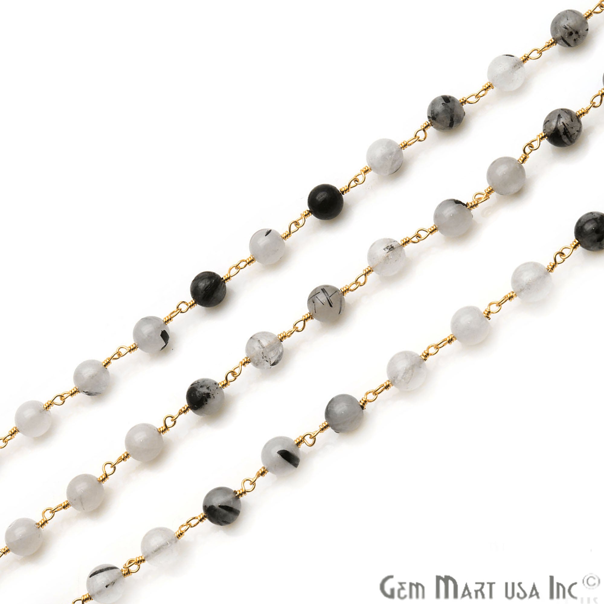 Rutilated Smooth Beads 6mm Gold Plated Wire Wrapped Rosary Chain - GemMartUSA