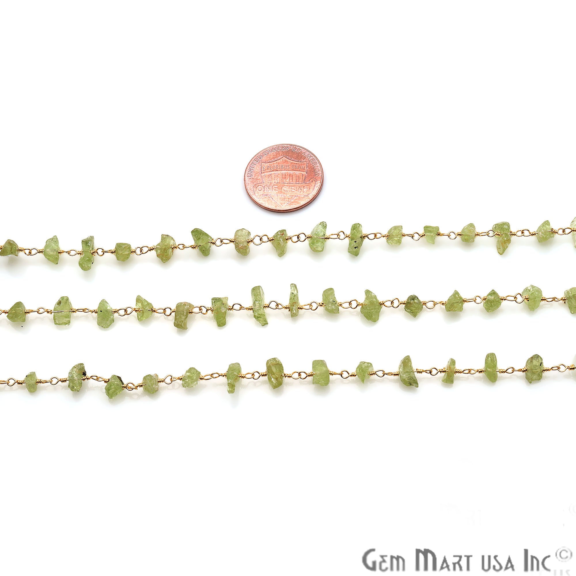 Peridot 10x6mm Nugget Chip Gold Plated Wire Wrapped Rosary Chain - GemMartUSA