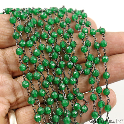 Green Jade Faceted Beads 4mm Oxidized Wire Wrapped Rosary Chain