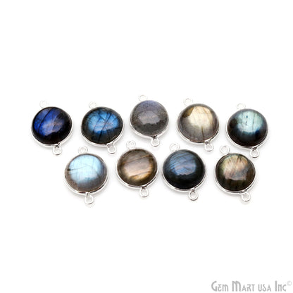 Flashy Labradorite Cabochon 13mm Round Double Bail Silver Plated Gemstone Connector