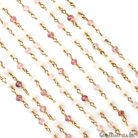 Strawberry Quartz & Rainbow Faceted Beads Gold Plated Wire Wrapped Rosary Chain