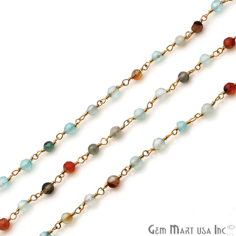 Blue Onyx Jade Faceted Beads Gold Plated Wire Wrapped Rosary Chain - GemMartUSA