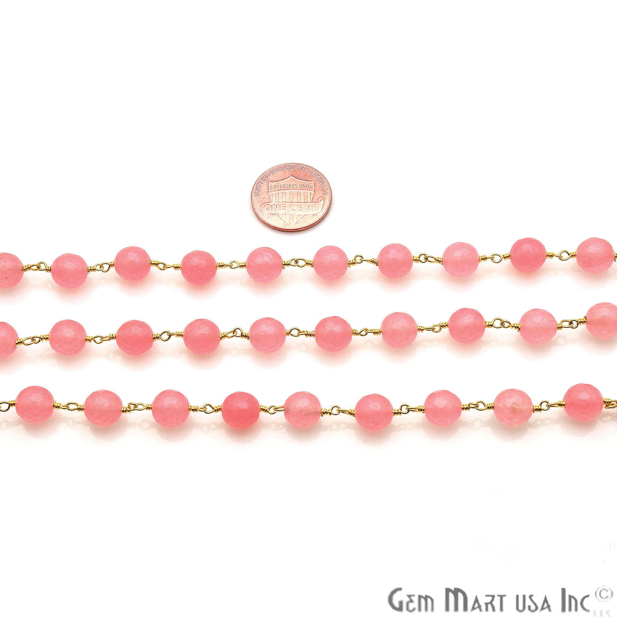 Pink Jade 8mm Gold Plated Wire Wrapped Beads Rosary Chain - GemMartUSA