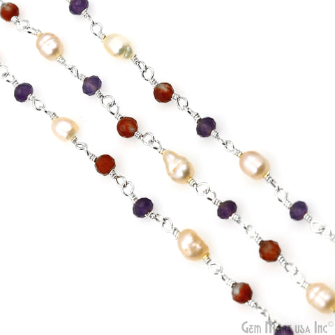 Multi Stone & Pearl Beads 3-3.5mm Silver Plated Wire Wrapped Rosary Chain
