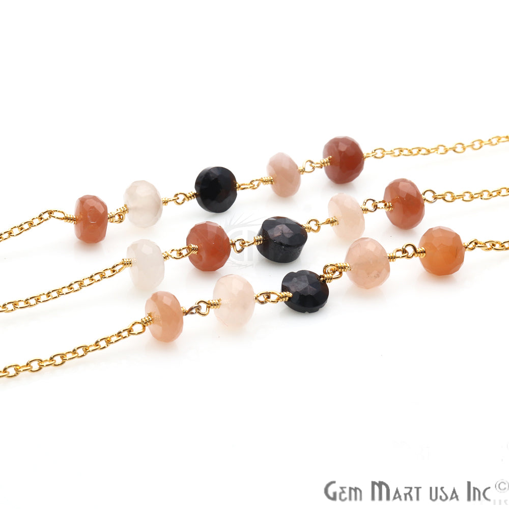 Black Spinel 6mm Sunstone 6-7mm Beaded Gold Plated Wire Wrapped Rosary Chain - GemMartUSA