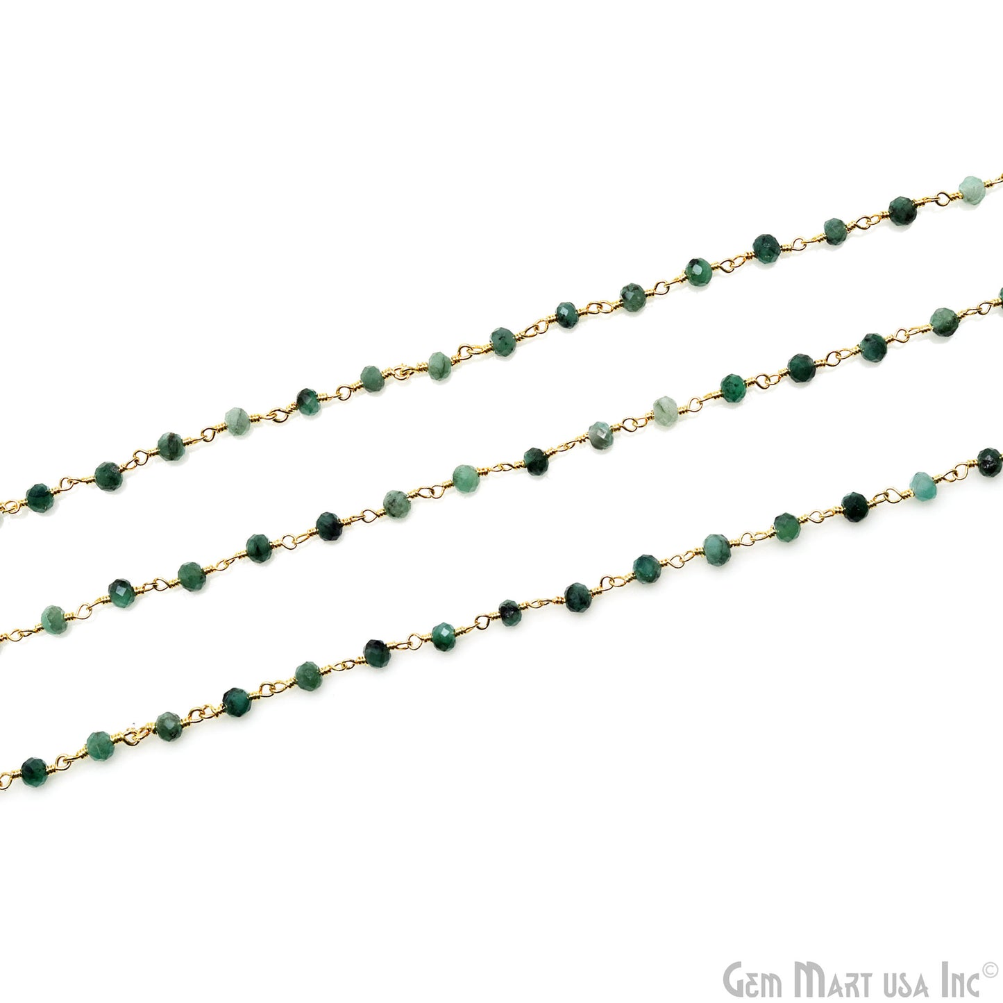 Emerald Faceted 3-3.5mm Gold Wire Wrapped Beads Rosary Chain