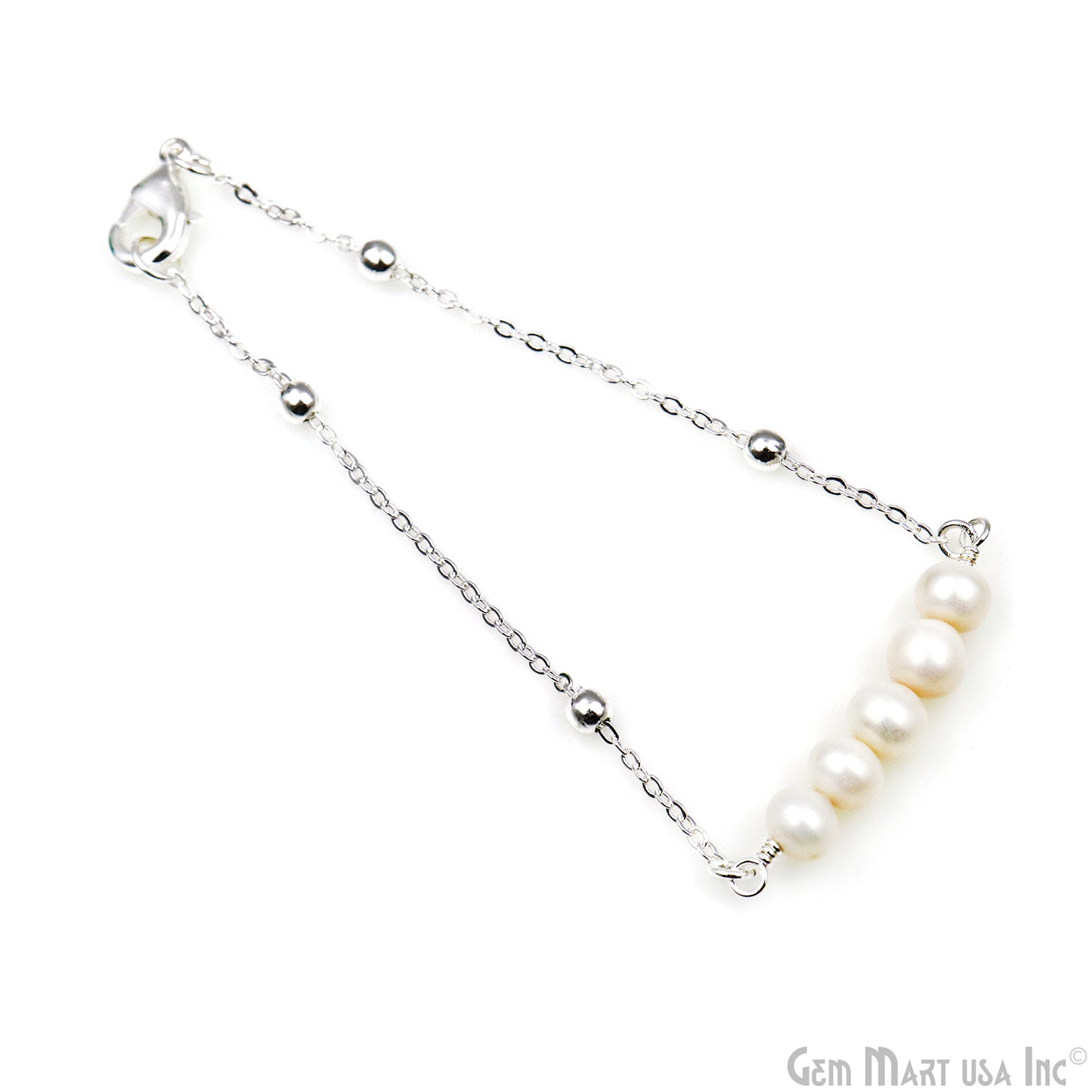 Pearl Round Gemstone Silver Plated Chain With Lobster Clasp Bracelet 7Inch