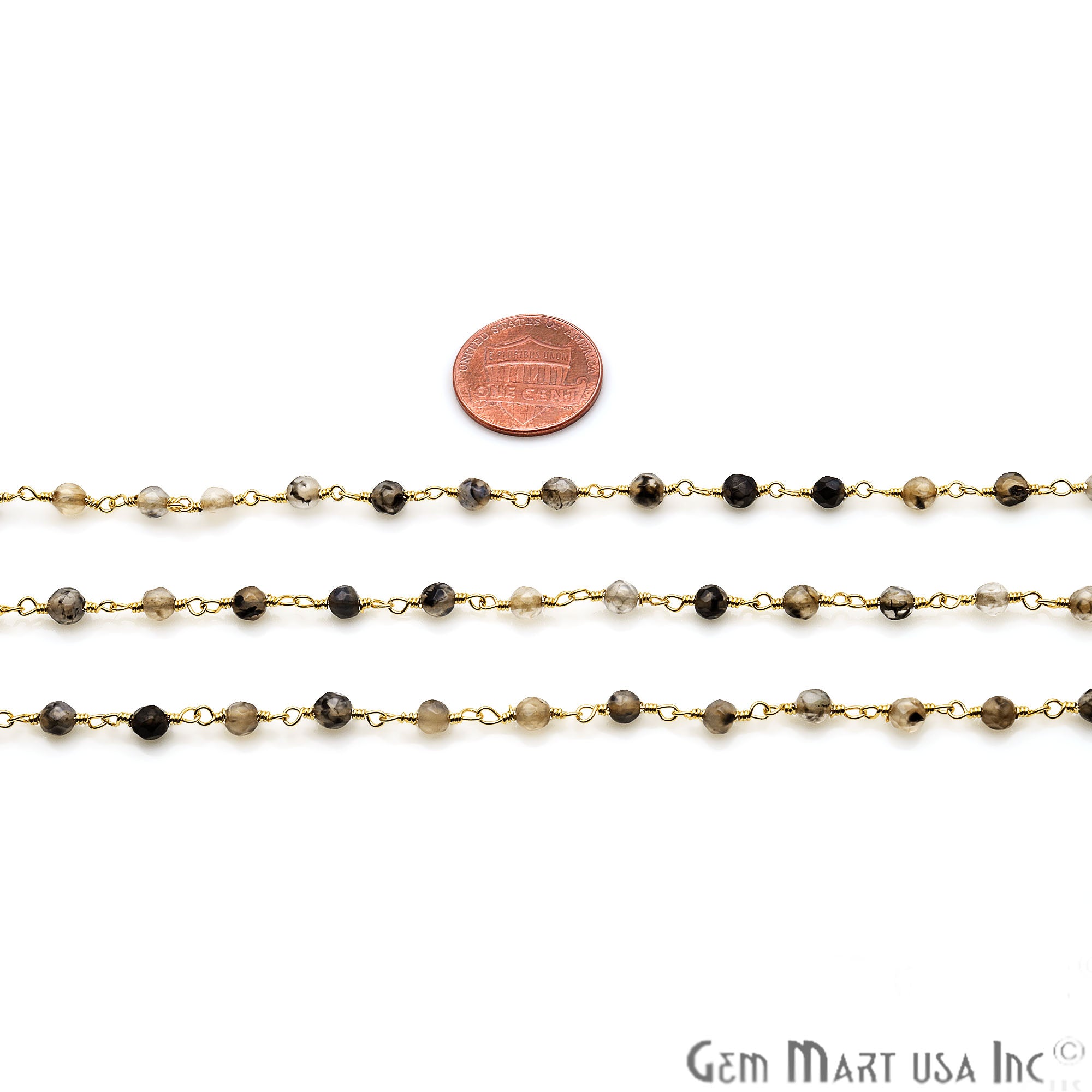 Brown Rutile Jade Faceted Beads 4mm Gold Plated Wire Wrapped Rosary Chain - GemMartUSA