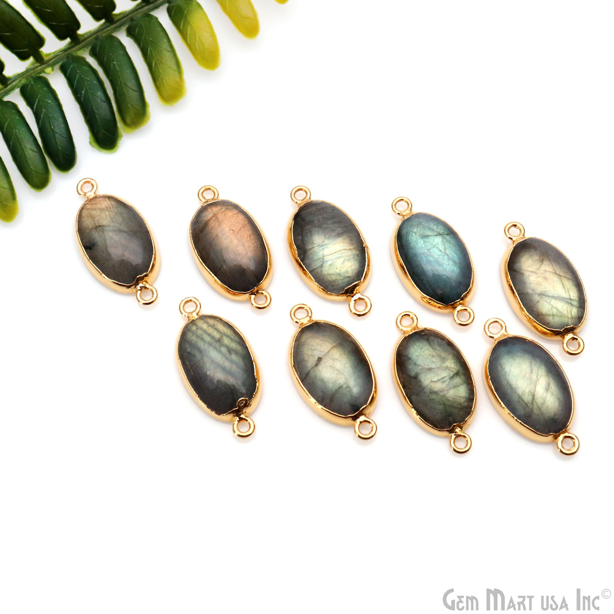Flashy Labradorite 27x13mm Cabochon Oval Double Bail Gold Electroplated Gemstone Connector