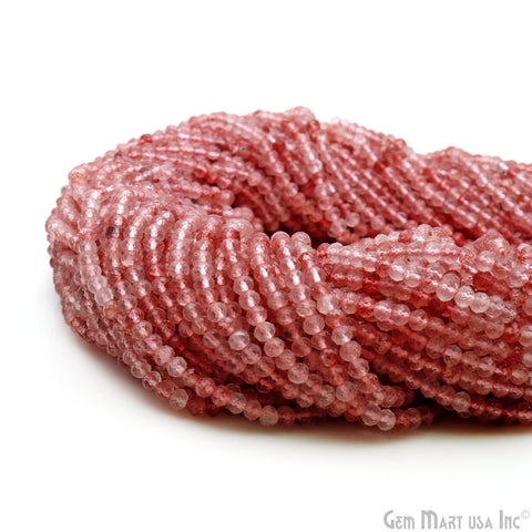 Strawberry Quartz Rondelle Beads, 13 Inch Gemstone Strands, Drilled Strung Nugget Beads, Faceted Round, 3-4mm