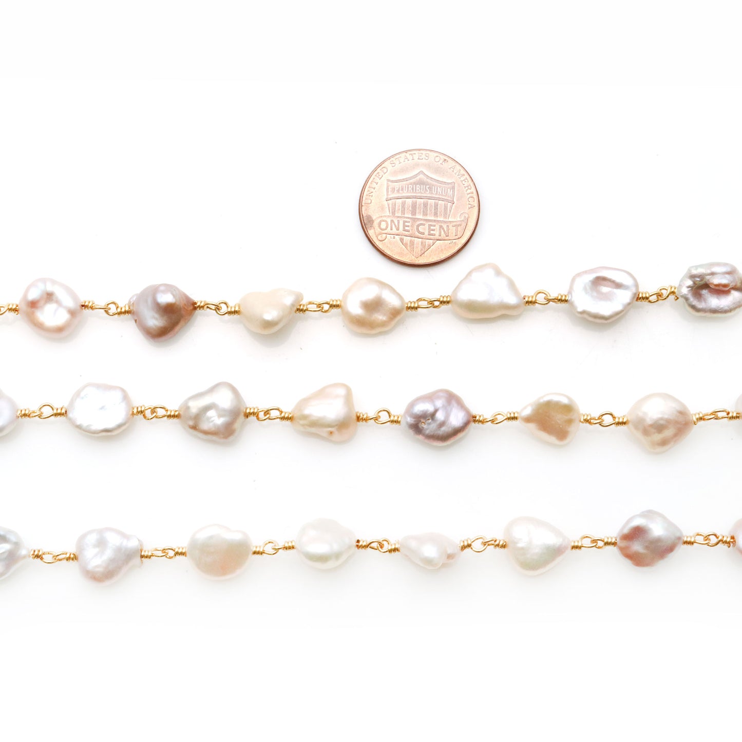 Pink Pearl Free Form 7-8mm Gold Wire Wrapped Rosary Chain