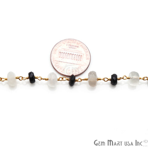 Black Spinel With White Chalcedony Beaded Gold Plated Wire Wrapped Rosary Chain - GemMartUSA