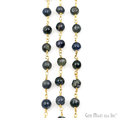 Iolite Cabochon 6-7mm Gold Wire Wrapped Rosary Chain