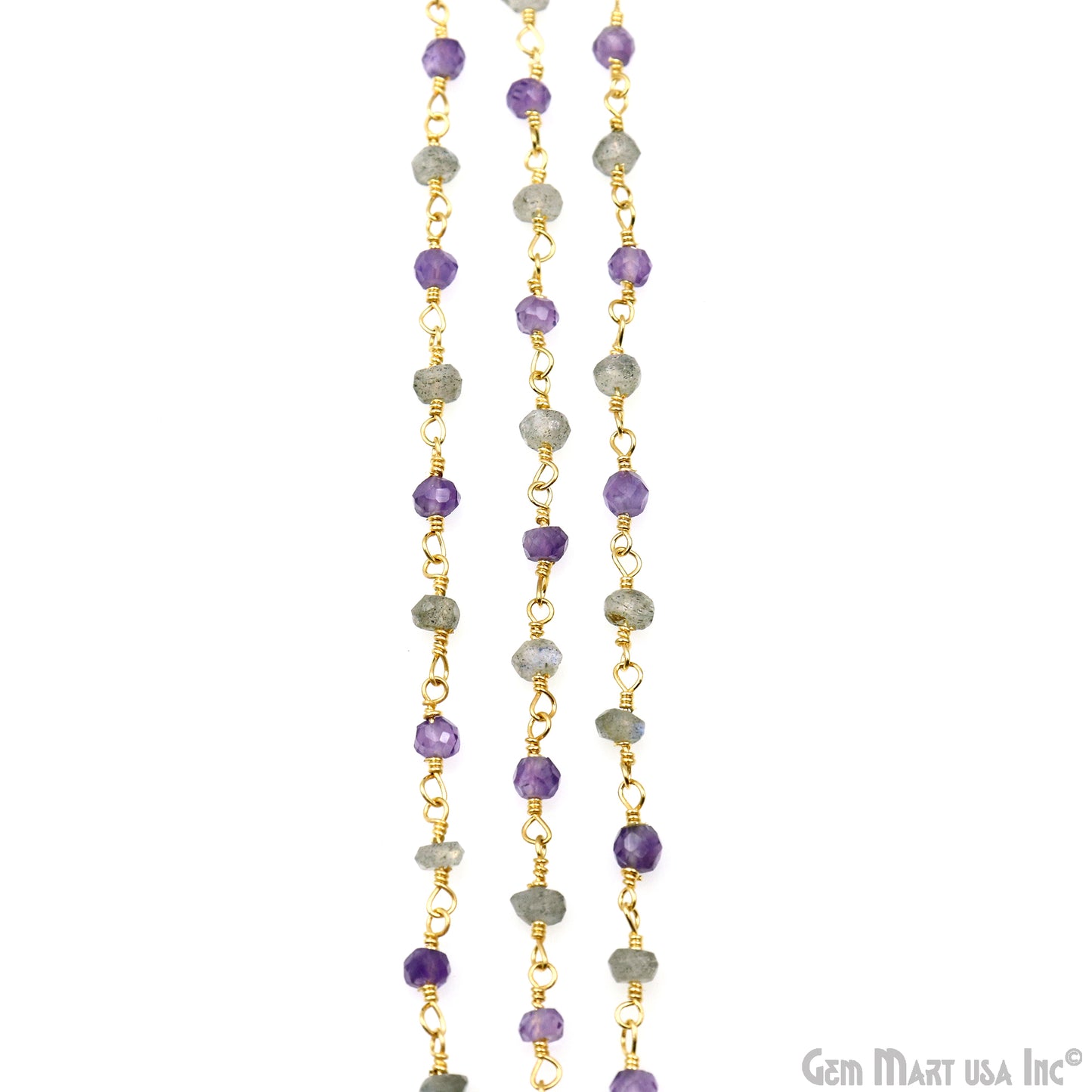 Amethyst & Labradorite 3-3.5mm Gold Plated Faceted Beads Wire Wrapped Rosary Chain