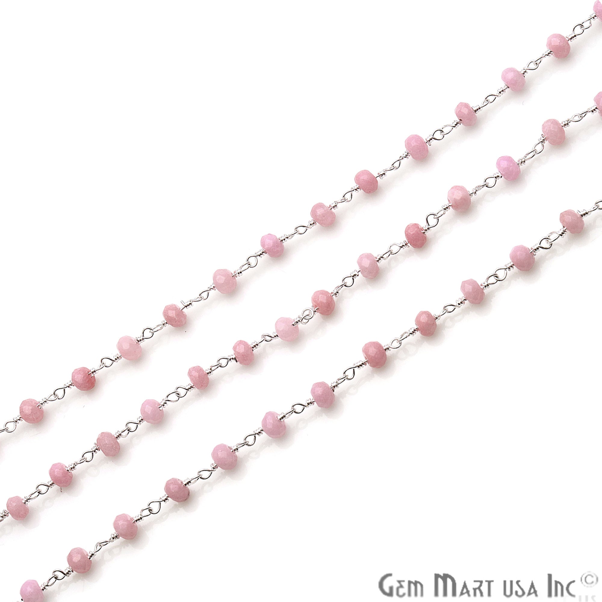 Baby Pink Jade Beads Silver Plated Wire Wrapped Rosary Chain - GemMartUSA