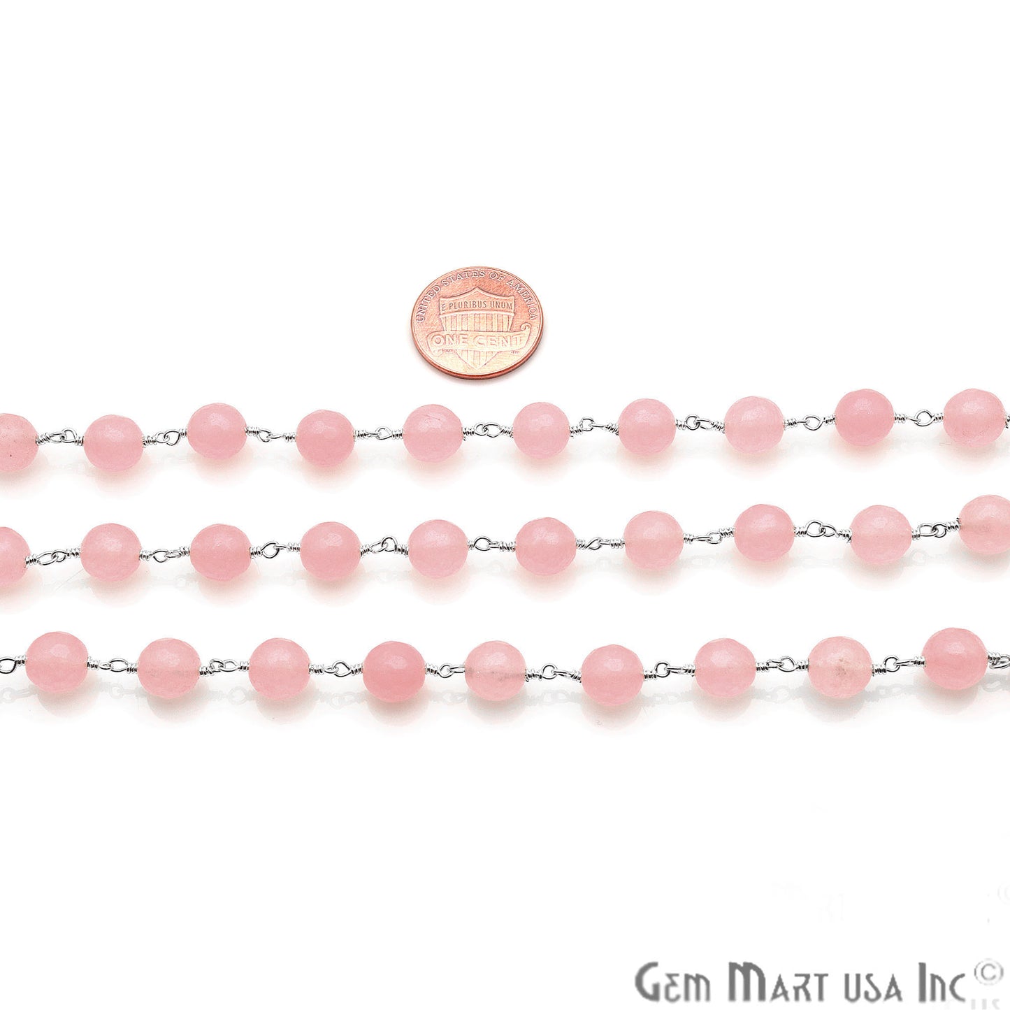 Baby Pink Jade Faceted Silver Plated Wire Wrapped Rosary Chain - GemMartUSA