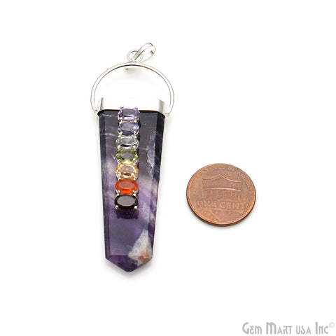 Amethyst Flat Point Pendant 69x23mm Silver Plated With 7 Chakra Uncut Beads