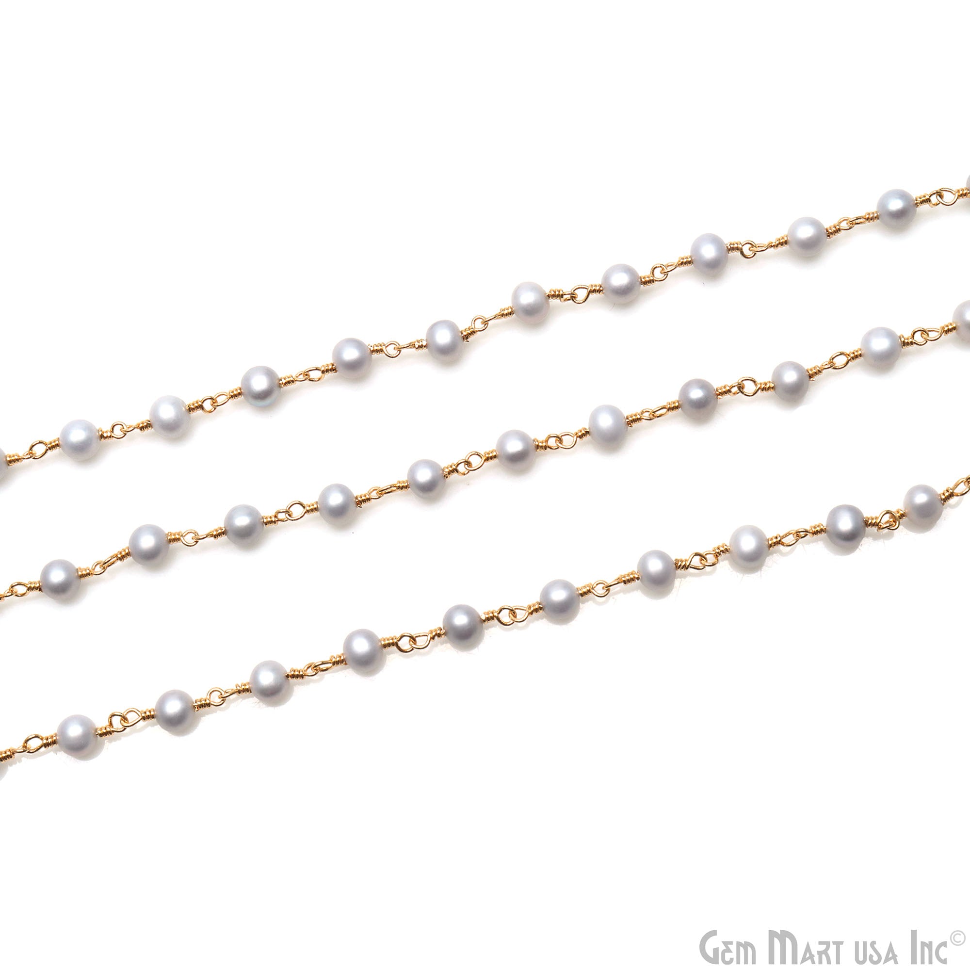 Grey Pearl Round 5-6mm Gold Wire Wrapped Beads Rosary Chain