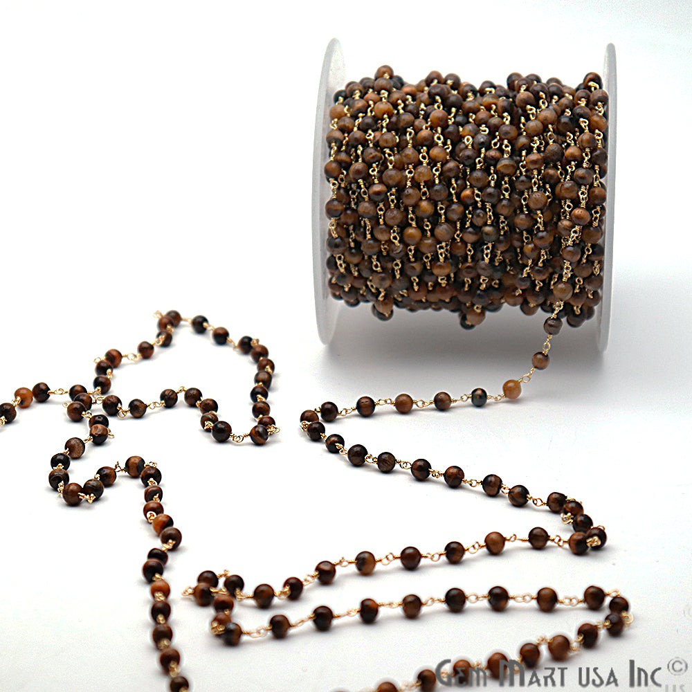 Tiger Eye Smooth Beads Gold Plated Wire Wrapped Rosary Chain - GemMartUSA