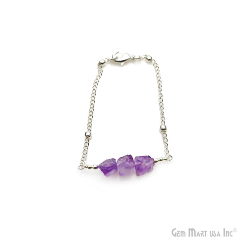 Rough Amethyst Gemstone Silver Plated Chain With Lobster Clasp Bracelet 7Inch