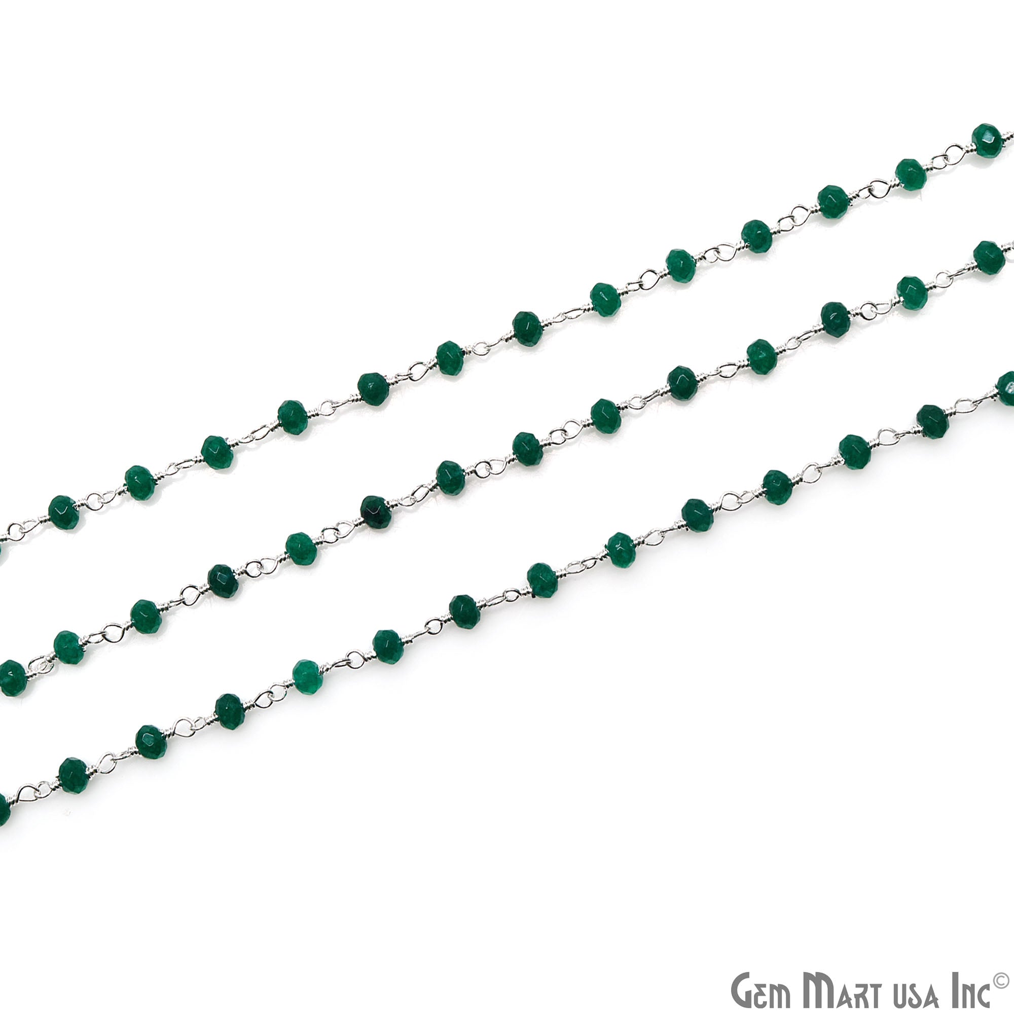 Emerald Jade Beads 3-3.5mm Silver Plated Wire Wrapped Rosary Chain