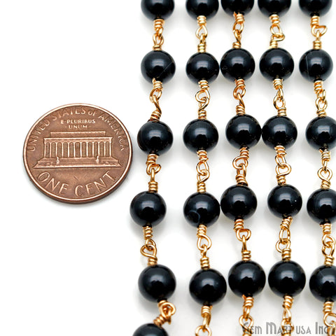 Black Jade Cabochon Beads 6mm Gold Wire Wrapped Rosary Chain