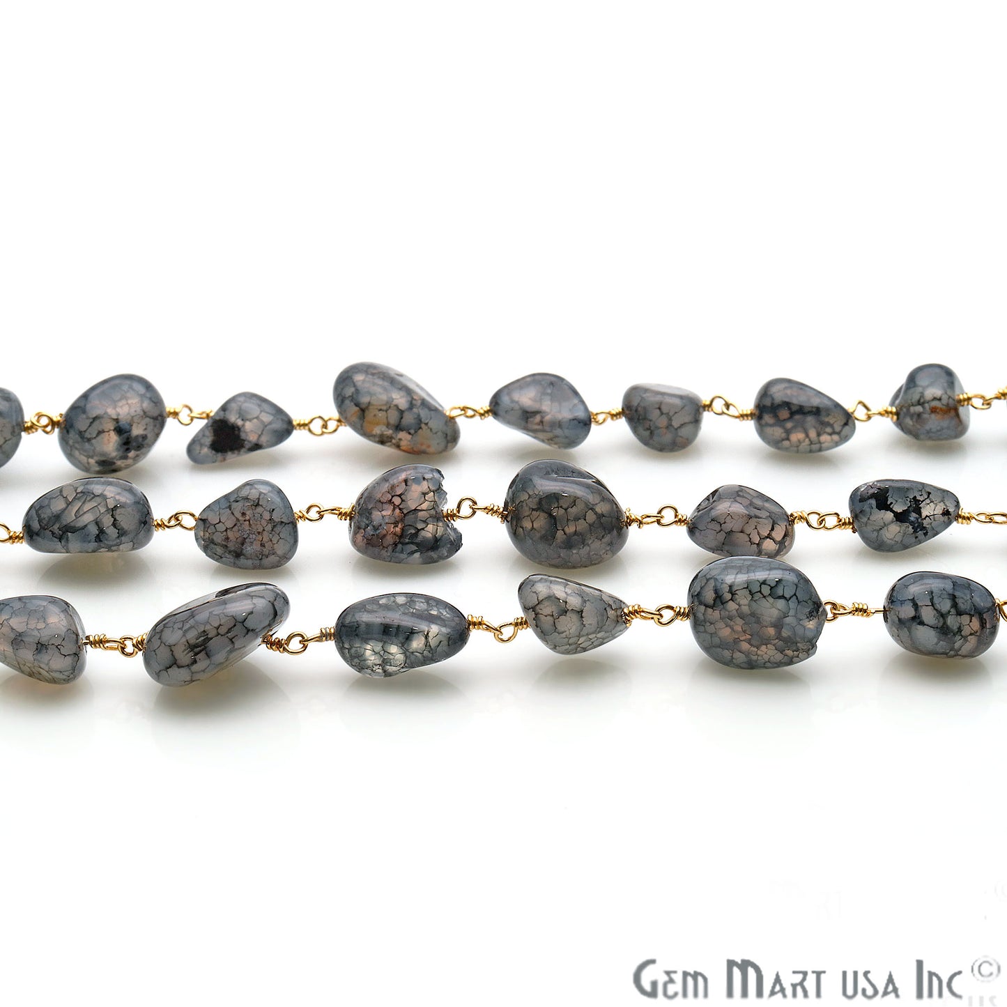 Black Crackle Quartz Tumble Beads Gold Plated Wire Wrapped Rosary Chain - GemMartUSA