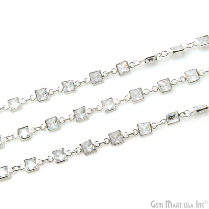 White Zircon Faceted Square 5mm Silver Plated Continuous Connector Chain