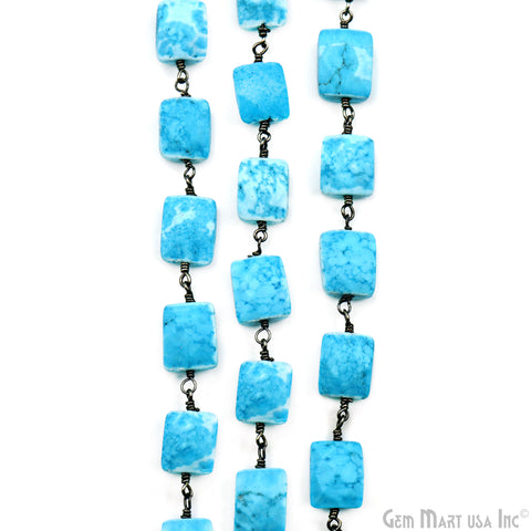 Turquoise 7x9mm Square Shape Oxidized Wire Wrapped Rosary Chain