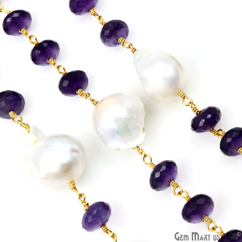 Amethyst 8-9mm & Pearl 17x12mm Beads Gold Plated Rosary Chain